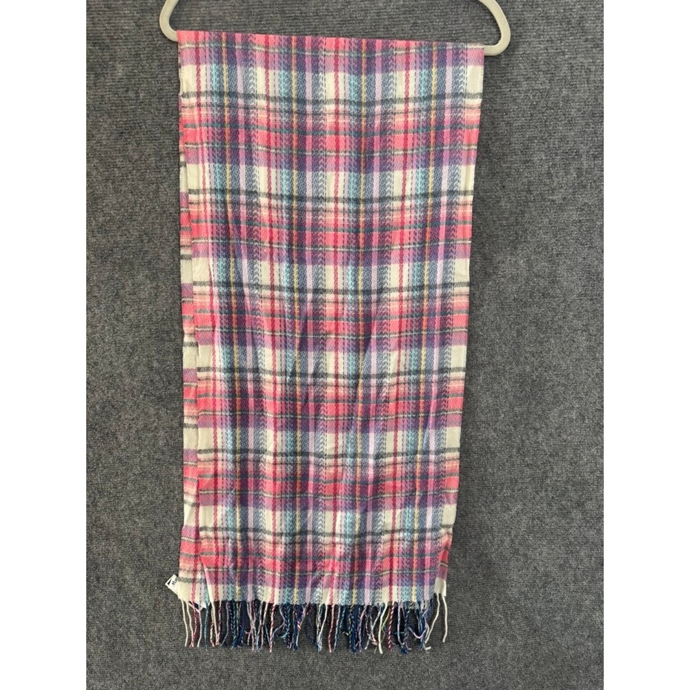 NWT V FRAAS Plaid Scarf Pink Blue White Multi Color Fringe Acrylic Blend